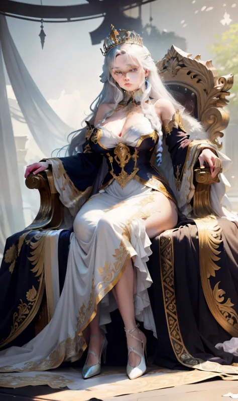 The maiden on the throne，Elegant lady wearing a gorgeous crown，huge tit，Crispy chest half leaky，White shoulders，long leges