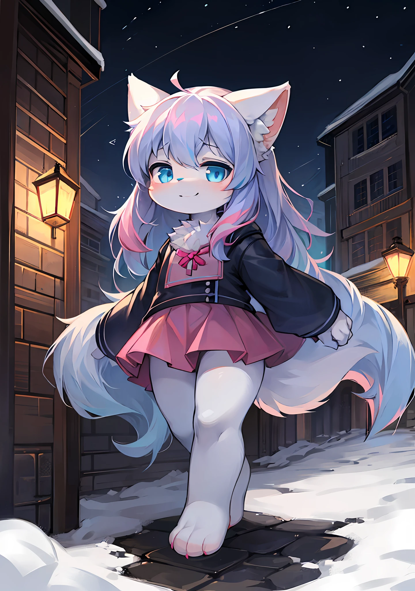 Furry ，Fluffy tail，blue color eyes，Emphasis on white fur，Delicate fur，Cute toddler，Short pink skirt，Young， and cute emphasis，Walking posture，Detailed characters，A smile on his face（1.2），Pink meat pad，Enhance long-haired animals，clawed paws（1.2），the night，borgar（1.1）。