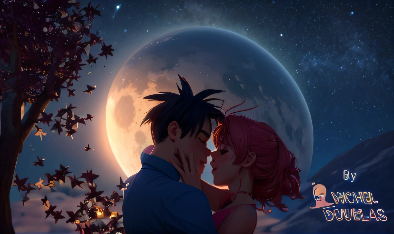 A couple kissing under a full moon with stars in the background - SeaArt AI