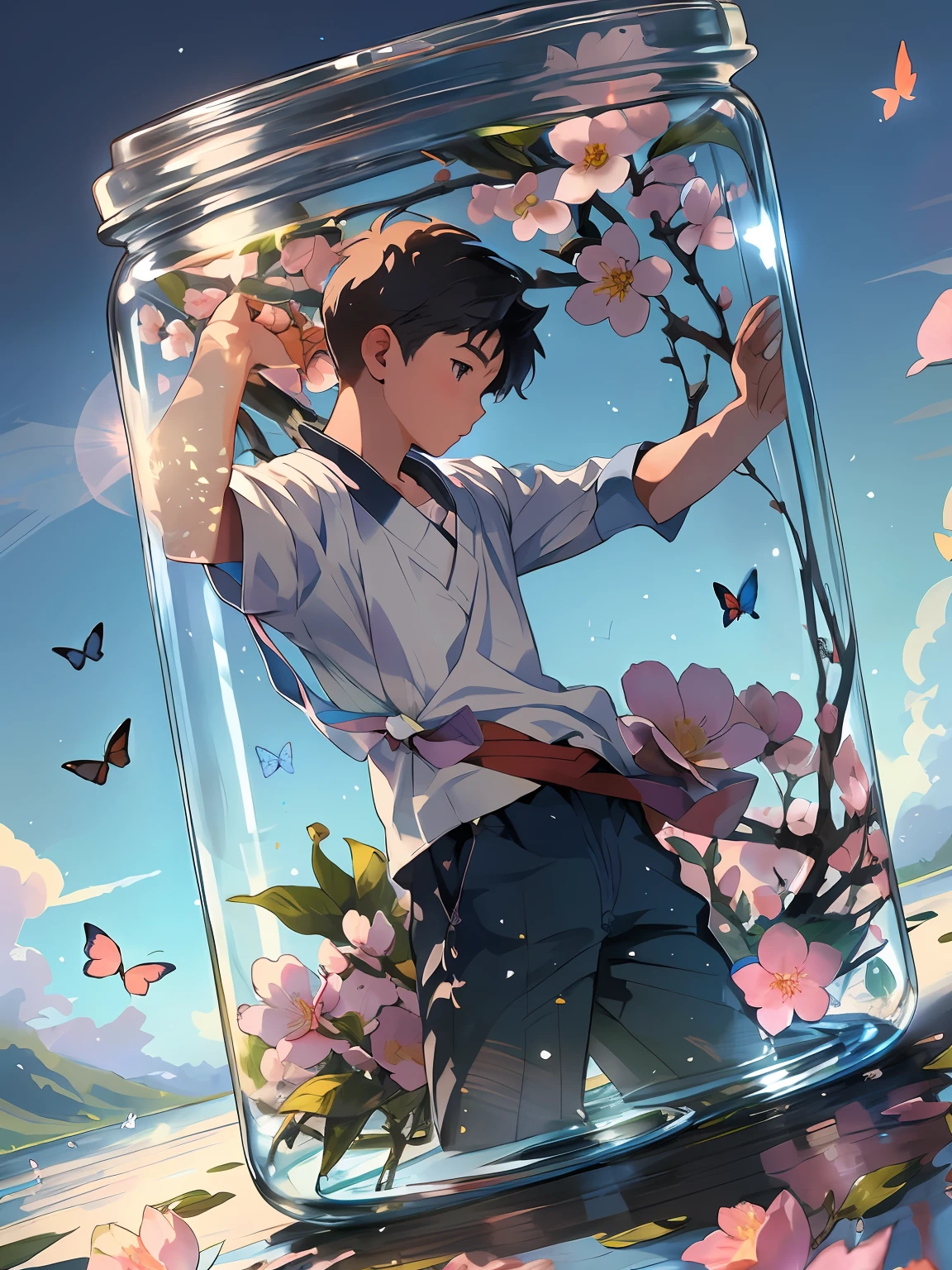 1boy，The boy in the jar，peach blossom，fresh flowers,Butterflies flutter around, best qualtiy，tmasterpiece，8K,does not look at the viewer，Don't look at the lens，sideface，offcial art, High-quality fanart