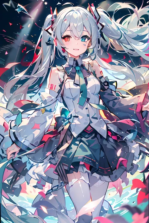 masterpiece, best quality, ultra-detailed, illustration, an extremely delicate and beautiful,
1girl, solo, light smile,
Hatsune Miku,twintails,(live stage), Particles of Light, ((white hair)), ((((heterochromia)))), ((red eye)), green eye