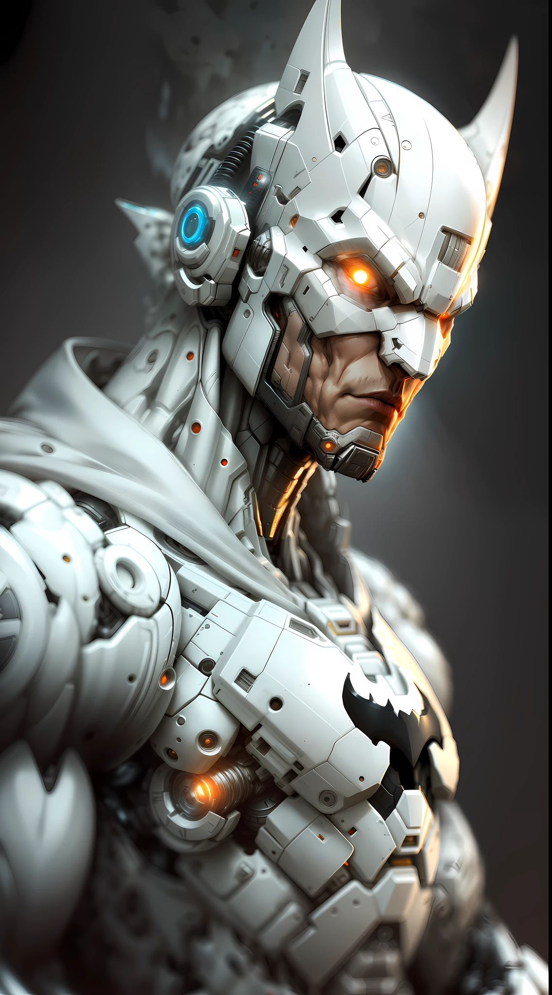 White Batman from DC photography, biomechanical, complex robot, full growth, hyper-realistic, insane small details, extremely clean lines, cyberpunk aesthetic, a masterpiece featured on Zbrush Central