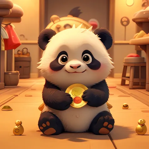 : 3。baby panda、cartoony、furry animals、dark circles、slept in a large pile of gold coins、gold coin pile、non-human、red colour