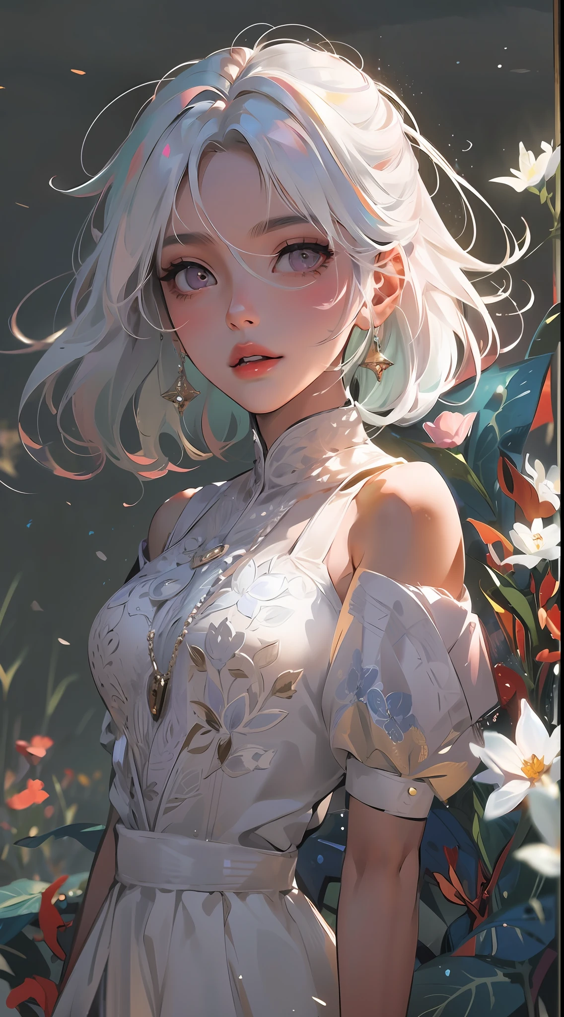 Realistic, 1girl, white hair, purple eyes, glowing eyes, cropped top, skirt, parted lips, blush, night, flowers, sun, sunlight, white skirt, short skirt, medium length hair, real, warm colors, white short Dress, white clothes, light background color, day environment, bright color background, saudi, ocean, cute,