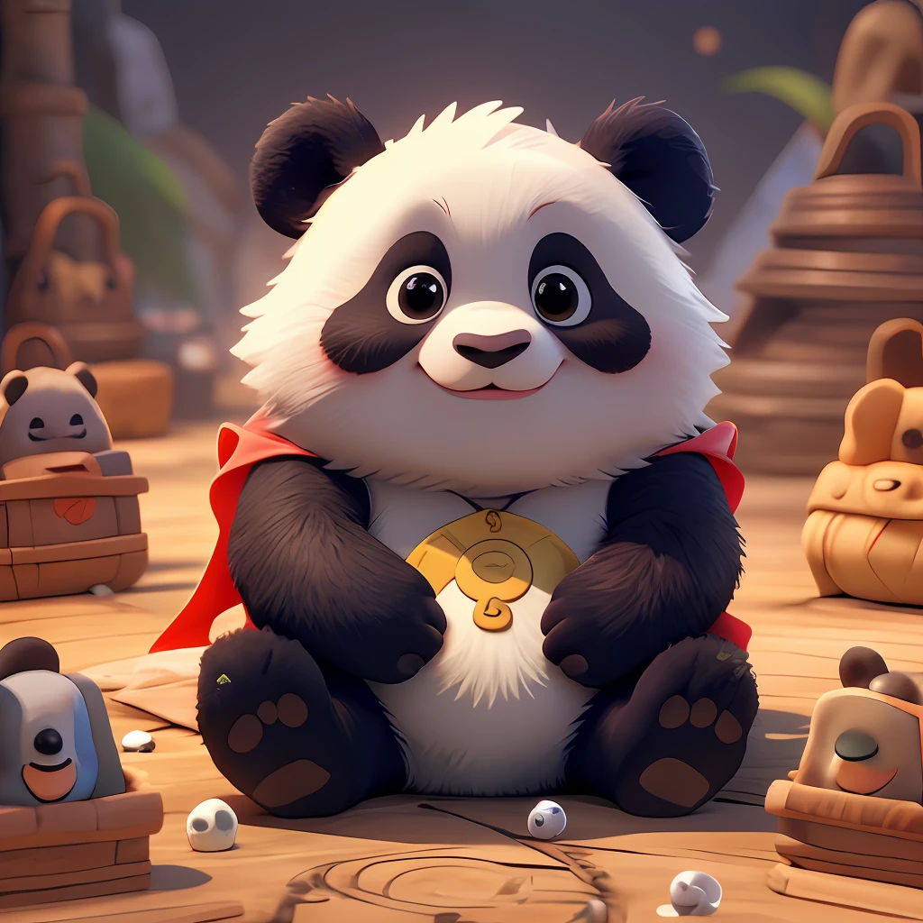 : 3。Bebé panda、caricaturesco、animales peludos、circulos oscuros、dormir、Duerme en un montón de lingotes、Muchos lingotes、Súper Multi-Tesoro、no humano、fondo rojo