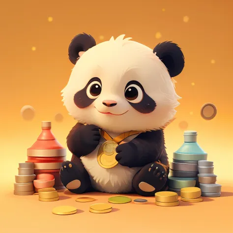 : 3。baby panda、cartoony、furry animals、dark circles、sleep、sleep in a pile of coins、many coins、non-human、red plain background，gold...