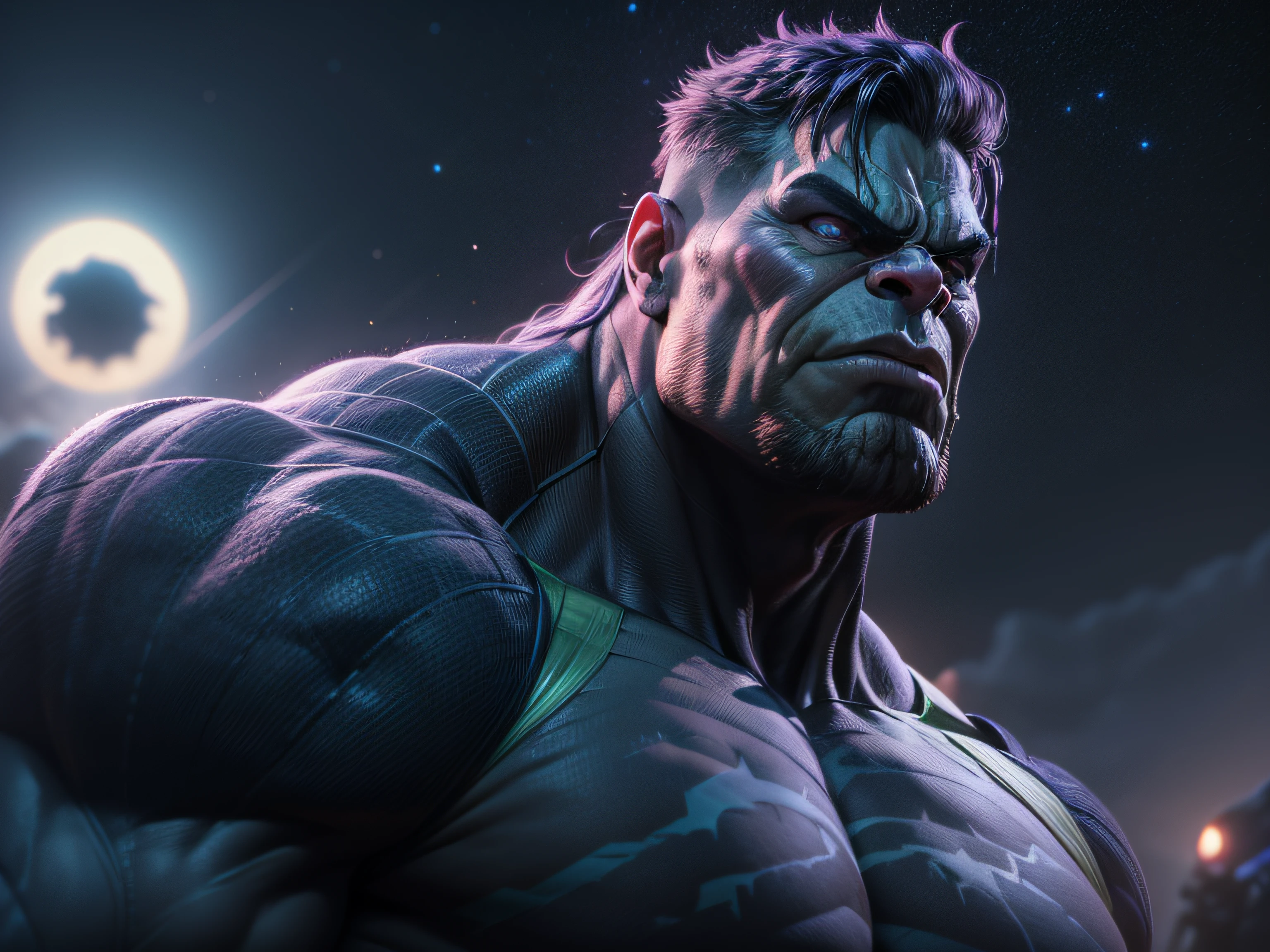 Close a powerful threat, The imposing appearance of the mighty Hulk dressed as Thanos, menacing stare, ricamente detalhado, Hiper realista, 3D-rendering, obra-prima, NVIDIA, RTX, ray-traced, Bokeh, Night sky with a huge and beautiful full moon, estrelas brilhando, 8k,