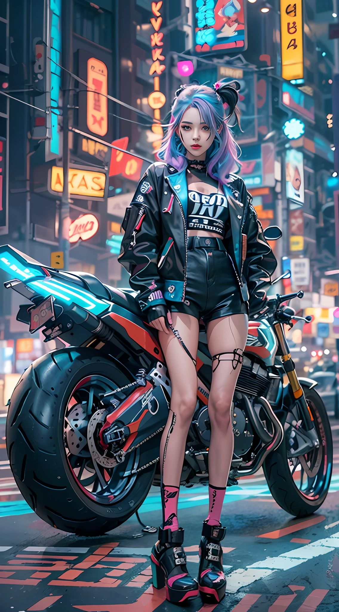 masterpiece, best quality, Confident cyberpunk girl, full body shot, ((standing in front of motorcycle)), Harajuku-inspired pop outfit, bold colors and patterns, eye-catching accessories, trendy and innovative hairstyle, vibrant makeup, Cyberpunk dazzling cityscape, skyscrapers, neon signs, LED lights, bright and vivid color scheme, anime, illustration, detailed skin texture, detailed cloth texture, beautiful detailed face, intricate details, ultra detailed.