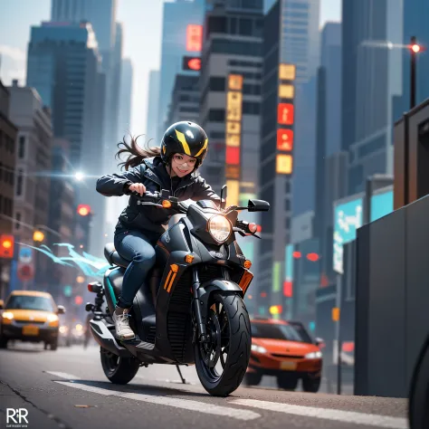 panning cinematic, woman riding a motorcycle on a city street with traffic in the background, wojtek fus, riding a futuristic motorcycle, sitting on cyberpunk motorbike, artgerm and atey ghailan, ross tran 8 k, in the style of ross tran, riding a motorcycl...