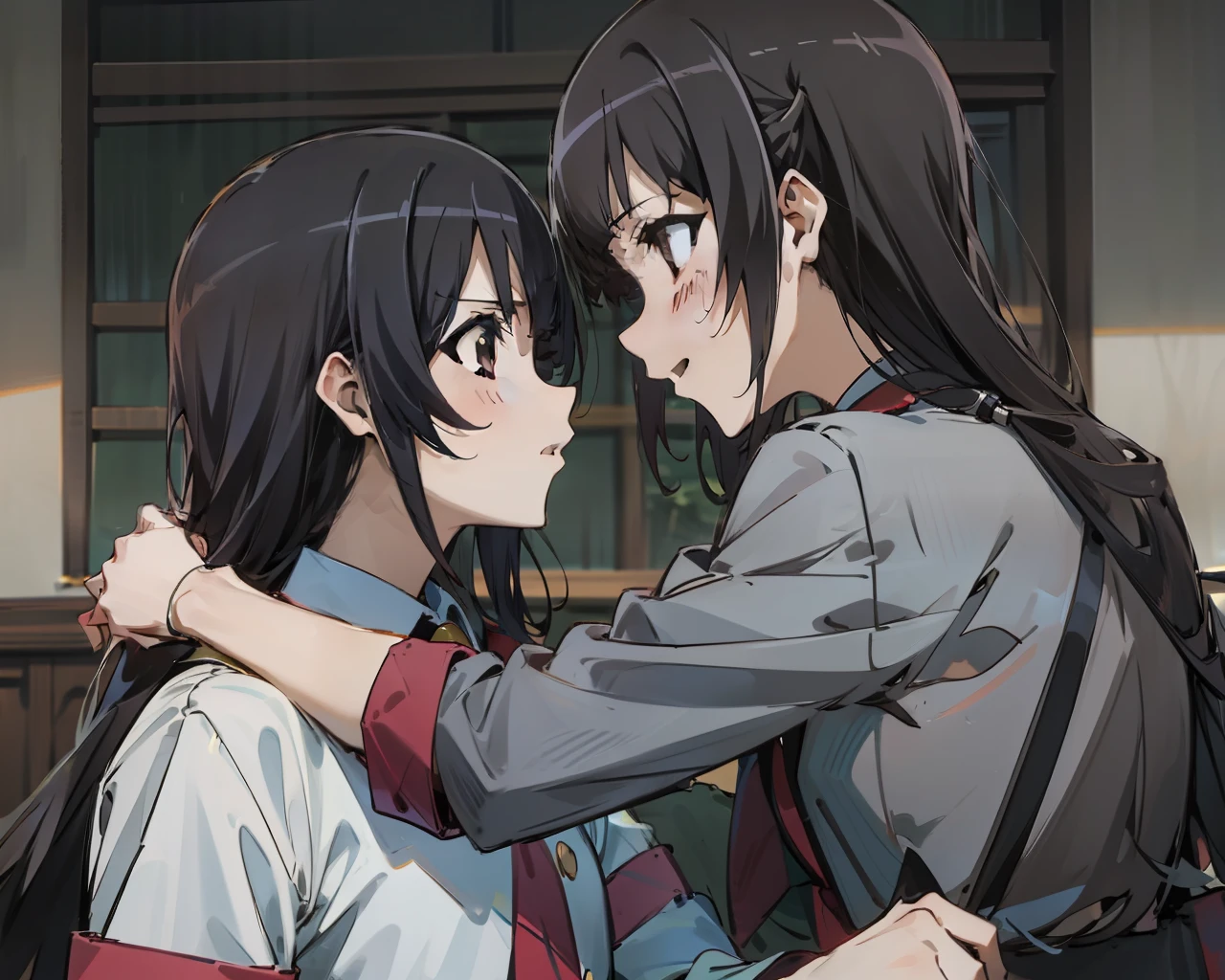 (masutepiece:1.2), looking at each another, 2girls, Yuri, [Mihir on the right, |1 girl on the left with bangs and black Hair and blue eyes and long Hair and sparkling Eyes]