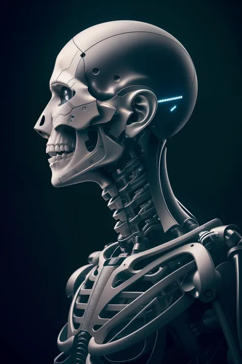 a closeup of a skeleton with head and neck, Retrato detalhado de um ciborgue, Retrato de um ciborgue, Retrato de um androide feminino, portrait of a futuristic robot, highly detailed cybernetic body, portrait of a cyber skeleton, Retrato em close-up de Cib...