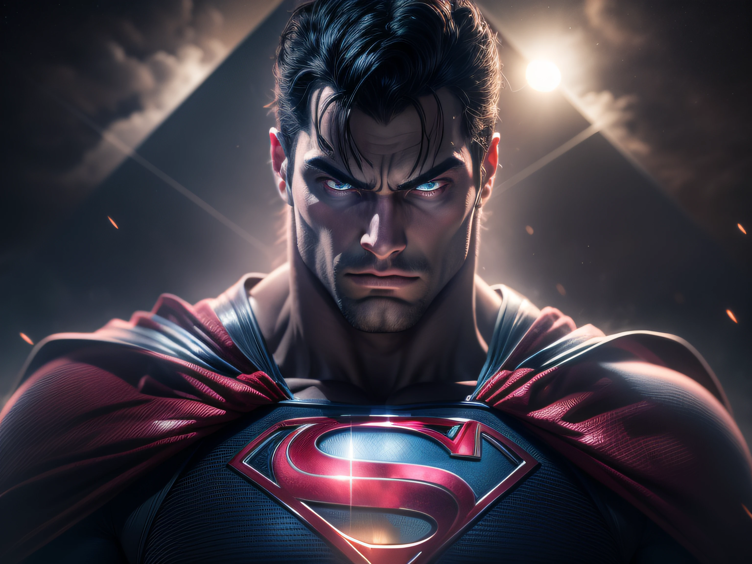 Close a powerful threat, The imposing appearance of the powerful Superman dressed in mirrored uniform that reflects the scenery, menacing stare, ricamente detalhado, Hiper realista, 3D-rendering, obra-prima, NVIDIA, RTX, ray-traced, Bokeh, Night sky with a huge and beautiful full moon, estrelas brilhando, 8k,