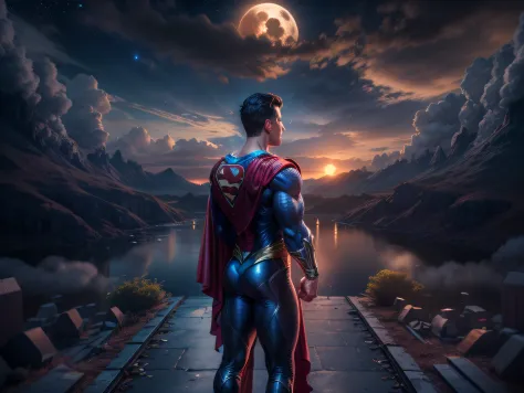 Close a powerful threat, The imposing appearance of the powerful Superman dressed in mirrored uniform that reflects the scenery,...