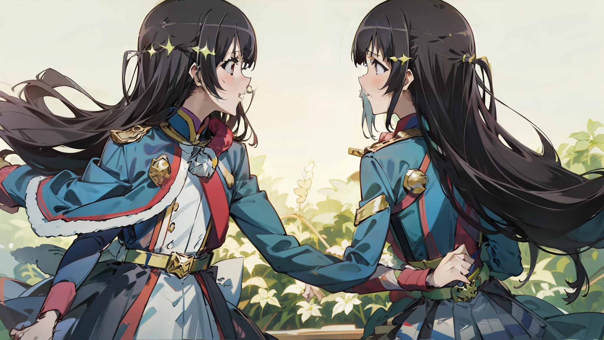 (masutepiece:1.2), looking at each another, (2girls), Yuri, [Mihir on the right, |1 girl on the left with bangs and black Hair and blue eyes and long Hair and sparkling Eyes]