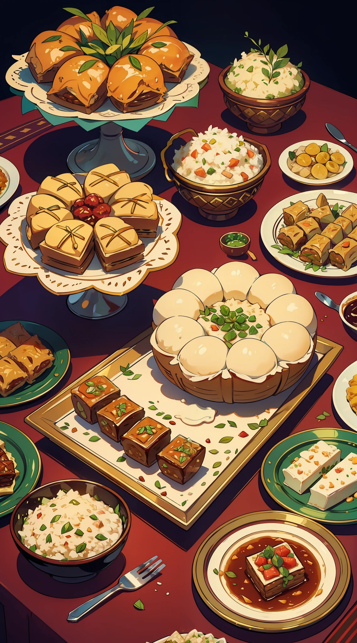 맛있는 Eid 별미가 풍성하게 펼쳐지는 모습을 보여주세요., 육즙이 풍부한 양고기 또는 염소 요리 포함, 향기로운 쌀, 바클라바와 마아물 같은 맛있는 과자도 있어요.