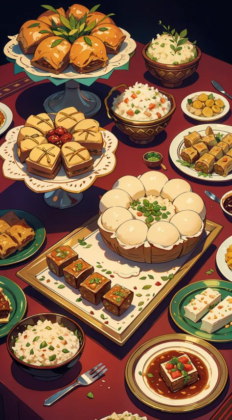 Illustrate a lavish spread of delicious Eid delicacies, including succulent lamb or goat dishes, aromatic rice, and an array of ...