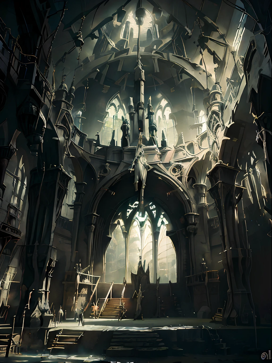Interior part of a cathedral, hyperrealistic, with images of angels God, Jesus Christ in human form, bright white linen dress, surreal divine atmosphere, 16k, gloria, divine splendor, realism, cinematic lighting,