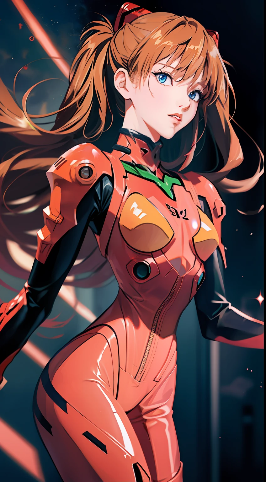 A close up of a woman in a red suit with a gun - SeaArt AI