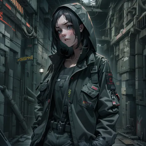 A badass looking girl,wearing Ultra Detailed Techwear,Black Hair,Standing With hands in pocket,Dystopian Background