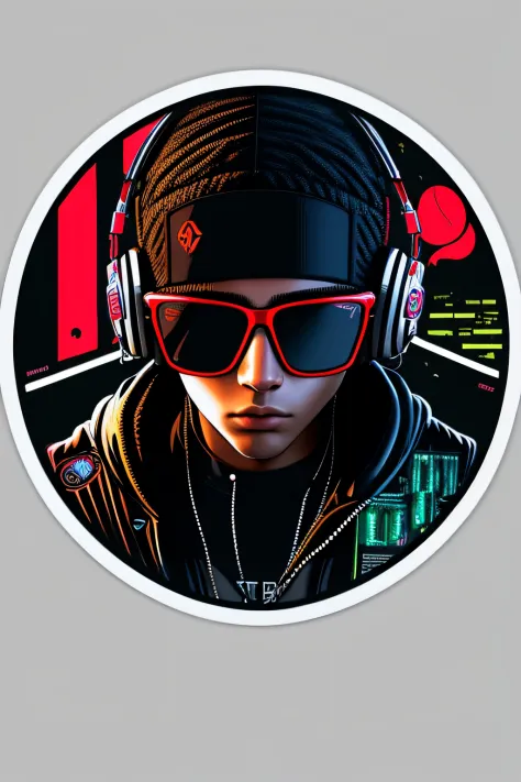 ((stickers)), hooded teen man with music headphones in the head and some dark glasses, look to front, in the middle, centered, r...