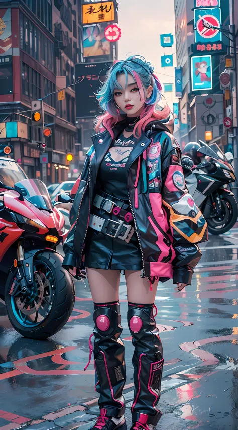 masterpiece, best quality, Confident asian cyberpunk girl, full body shot, ((standing in front of motorcycle)), Harajuku-inspired pop outfit, bold colors and patterns, eye-catching accessories, trendy and innovative hairstyle, vibrant makeup, Cyberpunk daz...