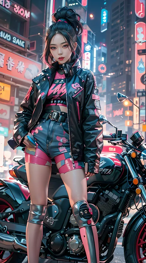masterpiece, best quality, Confident asian cyberpunk girl, full body shot, ((standing in front of motorcycle)), Harajuku-inspired pop outfit, bold colors and patterns, eye-catching accessories, trendy and innovative hairstyle, vibrant makeup, Cyberpunk daz...