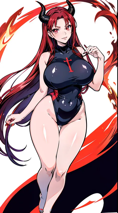 anime girl with horns and red glowing eyes, seductive anime girl, oppai, anime girl wearing a swimsuit, rin tohsaka, with a large breasts, succubus, anime moe artstyle, with large breasts, white background, only character, full appearance from head to toes...