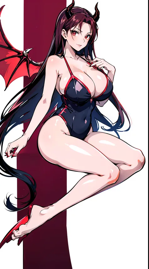 anime girl with horns and red glowing eyes, seductive anime girl, oppai, anime girl wearing a swimsuit, rin tohsaka, with a large breasts, succubus, anime moe artstyle, with large breasts, white background, only character, full appearance from head to toes...