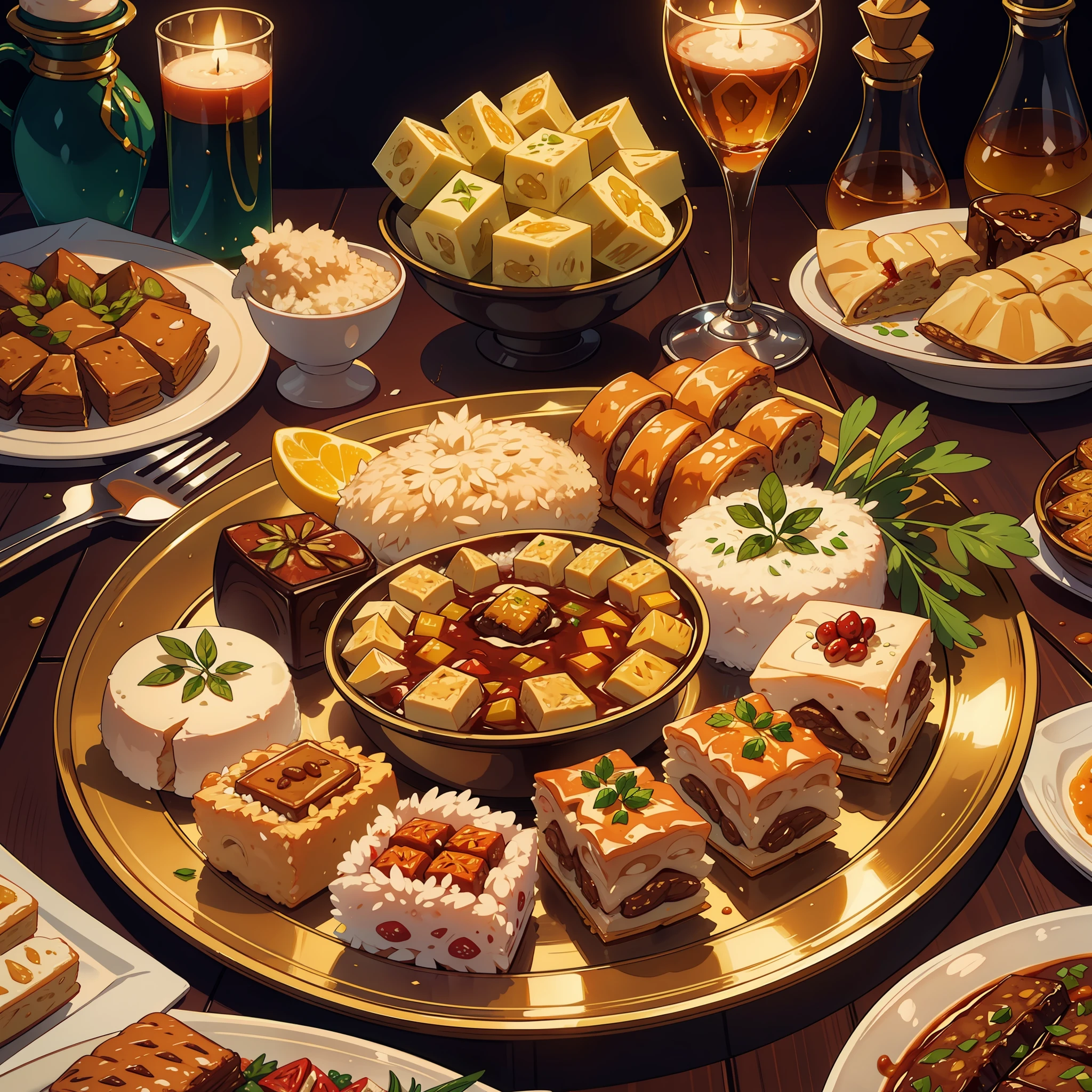Create a mouthwatering visual feast showcasing a luxurious assortment of Eid delicacies, featuring tantalizing lamb or goat delicacies, fragrant rice dishes, and a tempting selection of sweets such as baklava and ma'amoul.