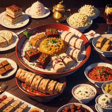 Create a mouthwatering visual feast showcasing a luxurious assortment of Eid delicacies, featuring tantalizing lamb or goat deli...