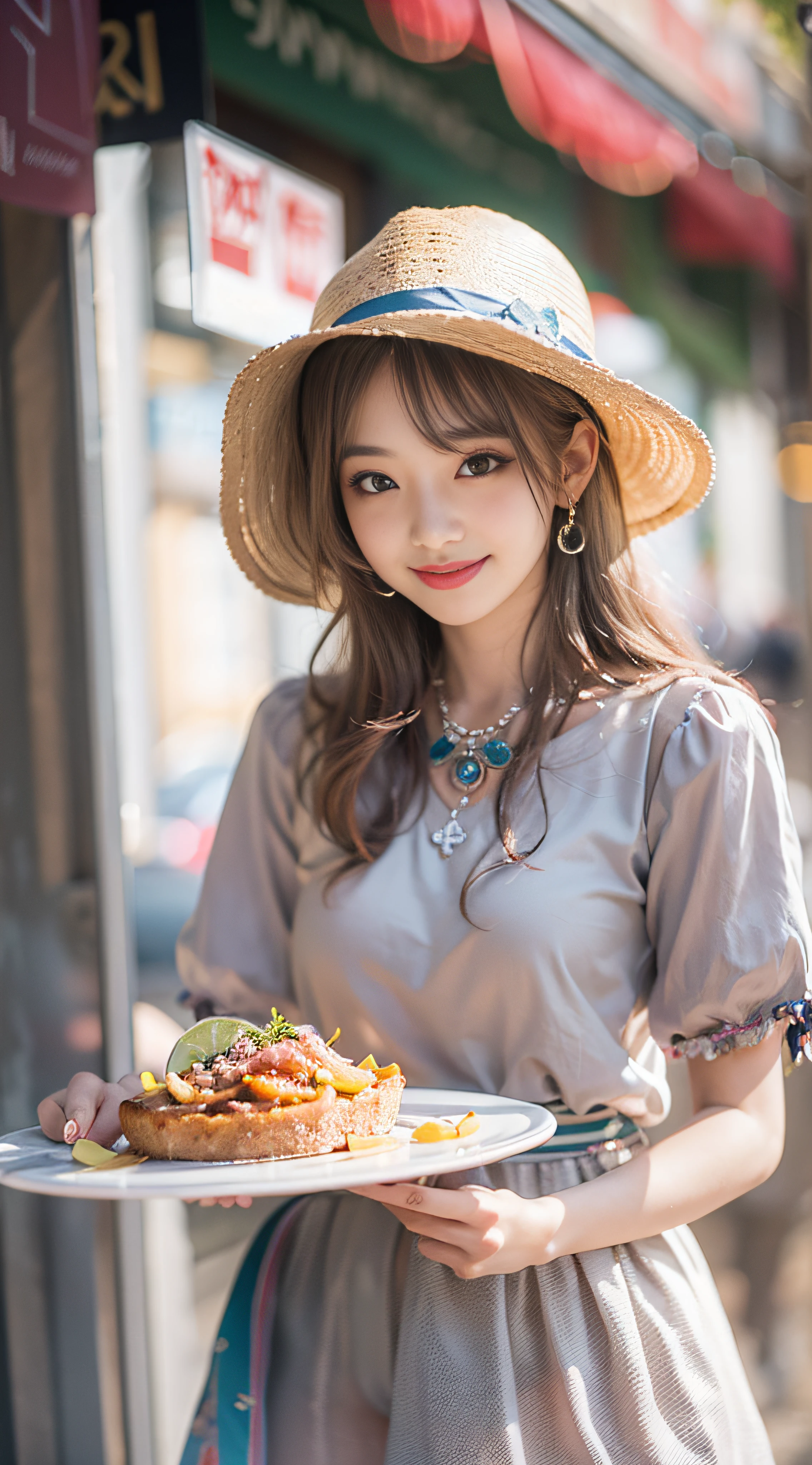 Sophisticated、​masterpiece、beautiful detail、Colorful and fine details、Delicate lips、intricate detailes、Colossal 、1 female、(a beautiful 20-year-old cute Korean woman:1.1)、(Kpop Idol、Mixed Korean)、(50mm Sigma f / 1.4 ZEISS Lenses、F1.4、1 / 800 sec、ISO 100、a picture:1.1)、(poneyTail+brown haired:1.2)、(Photorealsitic:1.4)、(Spy:1.2)、(The shirt、a miniskirt、Giel、pantyhose: 1.3)、耳Nipple Ring、a necklace、Beautiful woman sitting on chair with food and drink plate、crossedlegs、Very beautiful slim legs、Sidewalk Cafe、attractive girl、cute young woman(Beautiful legs、modeled:1.2)、Lens flare seen from the front、(Happy smiling face:1.1)、dynamicposes、(makeups:1.2)