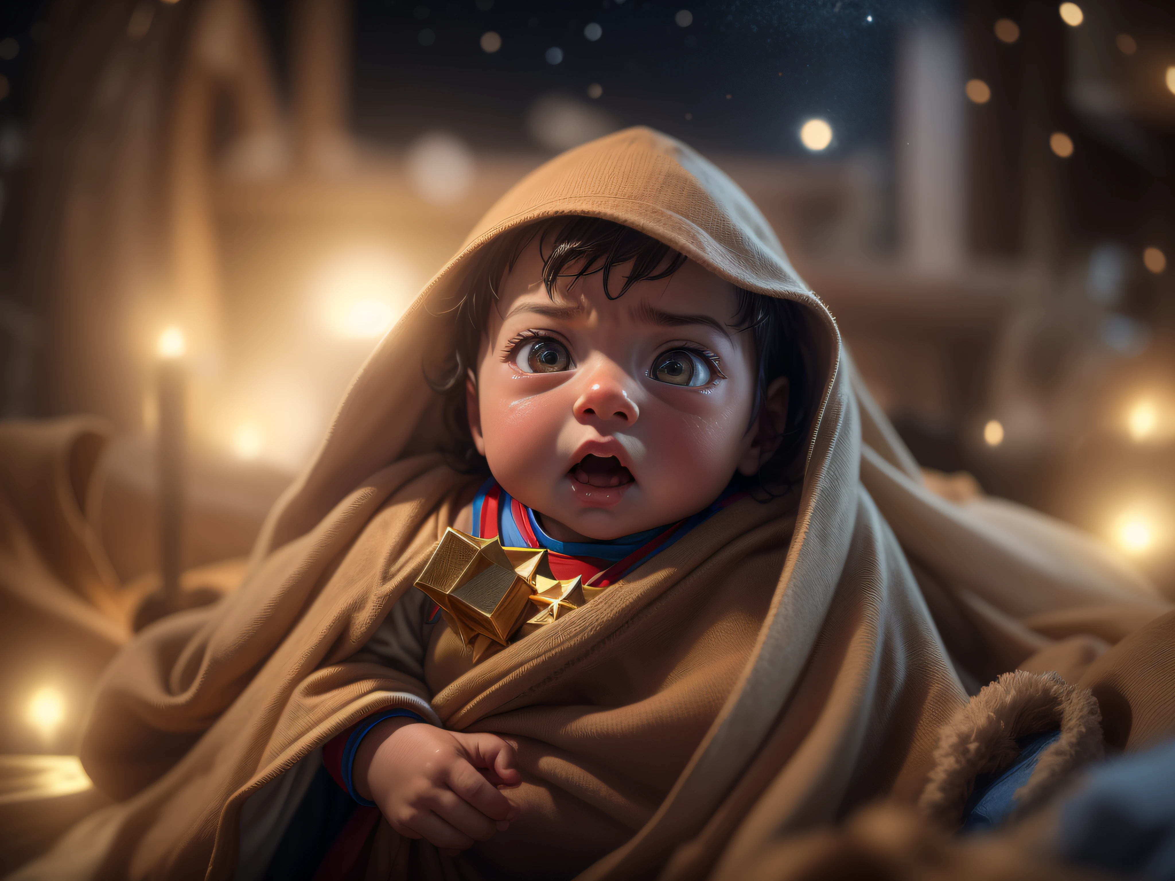 Close a powerful threat, The imposing appearance of the powerful baby-shaped Superman dressed in beige uniform in a manger, menacing stare, ricamente detalhado, Hiper realista, 3D-rendering, obra-prima, NVIDIA, RTX, ray-traced, Bokeh, Night sky with a huge and beautiful full moon, estrelas brilhando, 8k,
