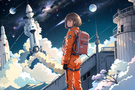 pastel colour，
1girll， short detailed hair，Spacesuit， brunette color hair，  sitted，spaceship， Inner， magma，Rochas，  wide wide shot， hyper realisitc