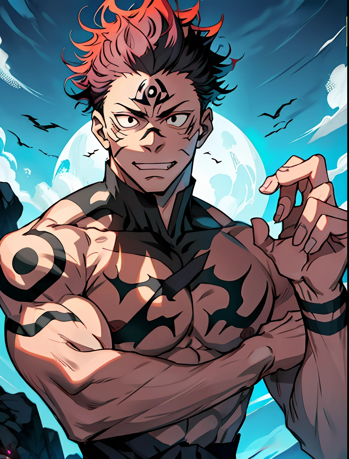 Mejor calidad, obra-prima, no expressien, ultra alta nada, antecedentes detallados, solo, macho musculoso, pelo corto, tiro de vaquero, sombra real e luz, (((Sukuna del anime Jujutsu Kaisen))), Un hombre con cabello rosado y sin camisa, tatuaje_ryomen, tatuaje_en_su_rostro, centrarse en los ojos, viril, maduro, cuerpo entero, anatómicamente correcto,