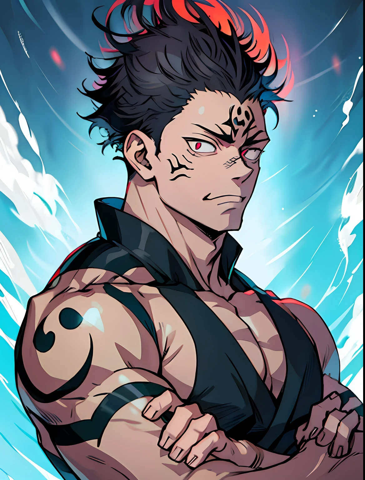 Melhor qualidade, obra-prima, no expressisobre, ultra alta res, fundo detalhado, Sozinho, macho musculoso, cabelo curto, tiro de cowboy, sombra real e luz, (((Sukuna do Anime Jujutsu Kaisen))), um homem com cabelo rosa e sem camisa, tatuagem_ryoumen, tatuagem_sobre_dele_face, foco nos olhos, viril, maduro, corpo inteiro, anatomicamente correto,