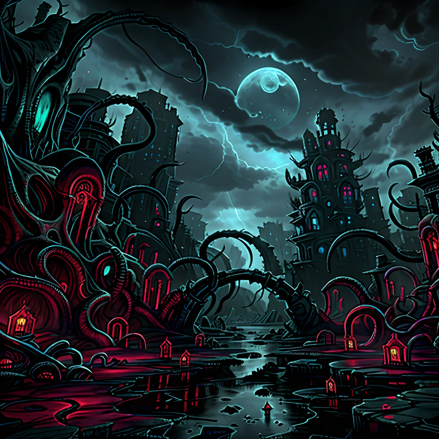 Madness evil landscape. Tentacles rising from the abyss, polluted river, macabre cemetery, bloody moon, unreal engine, UHD sketch color drawing