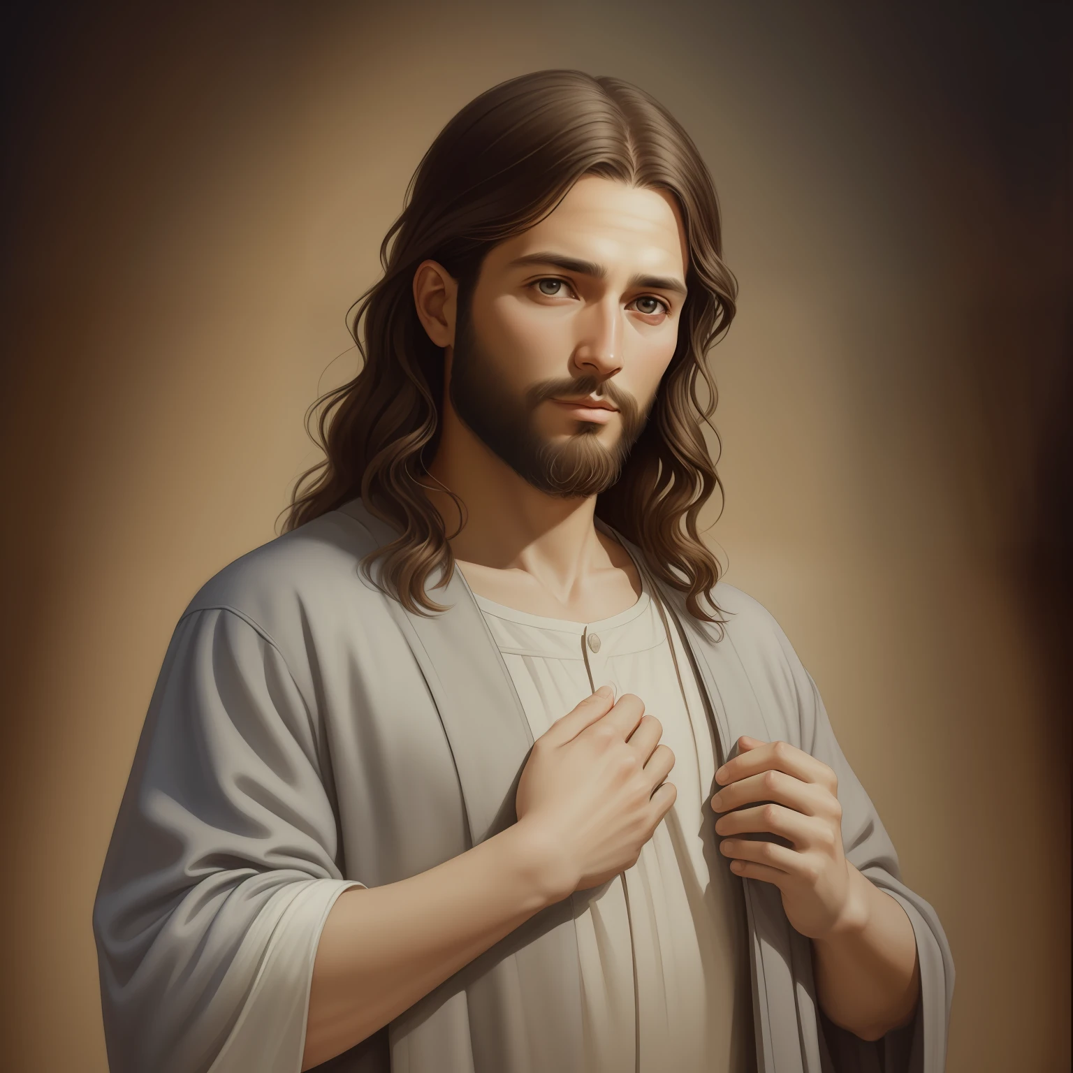 A beautiful ultra-thin Realistisch portrait of Jesus, der Prophet, ein Mann 33 Jahre alt Hebräisch Brünette, kurze braune Haare, langer brauner Bart, mit Segenskind in der Hand, trägt eine lange Leinentunika, die auf der Brust geschlossen ist, in der Frontansicht, Ganzkörper, biblische, Realistisch,von Diego Velázquez,Peter Paul Rubens,Rembrandt,Alex Ross,8k, Konzeptkunst, PhotoRealistisch, Realistisch,  Illustration, Ölgemälde, Surrealismus, HyperRealistisch, Segen, Digital art, Stil, Aquarell