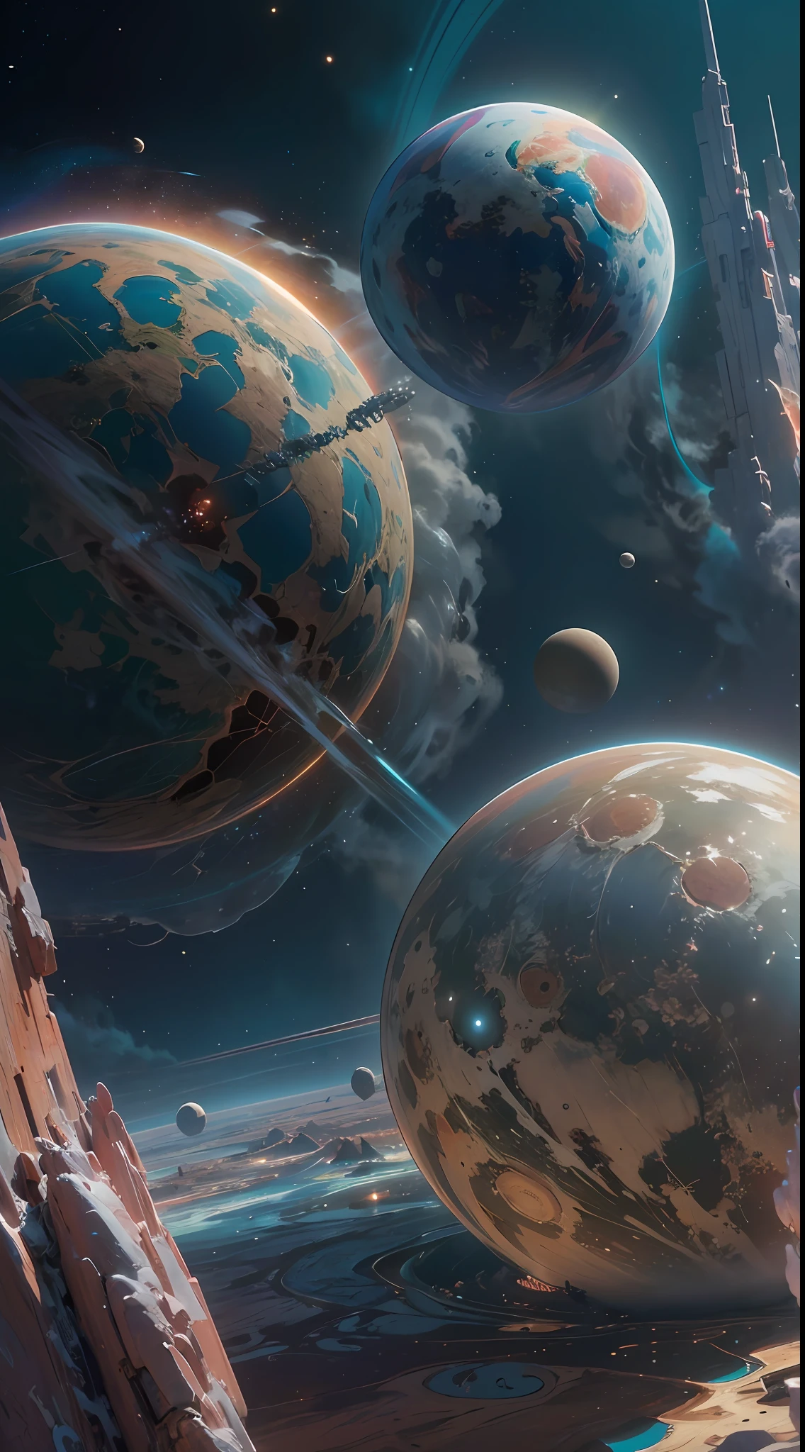 These planets are fictional planets that appear in various media of the science fiction genre as story-settings or depicted locations. Some of these planets include, Korad by Felix Mondejar: A Counter-Earth planet inhabited by an advanced alien race that has (mis)guided humankind through several turning points in history by mistake, miscalculation and underestimation of humankind’s ability to see meaning where there isn’t any1, Drakon’s Folly, A planet that is well-suited for Earth crops but has enormous indigenous predatory invertebrates that the colonists called Blueworms2, digital Realistic, Highest resolution images, highest quality, super detailed, 8k quality, galaxy world, space, Future planets, galaxies, ((no living things: 1.8)), ((place cyberpunk 2077:0.8)),