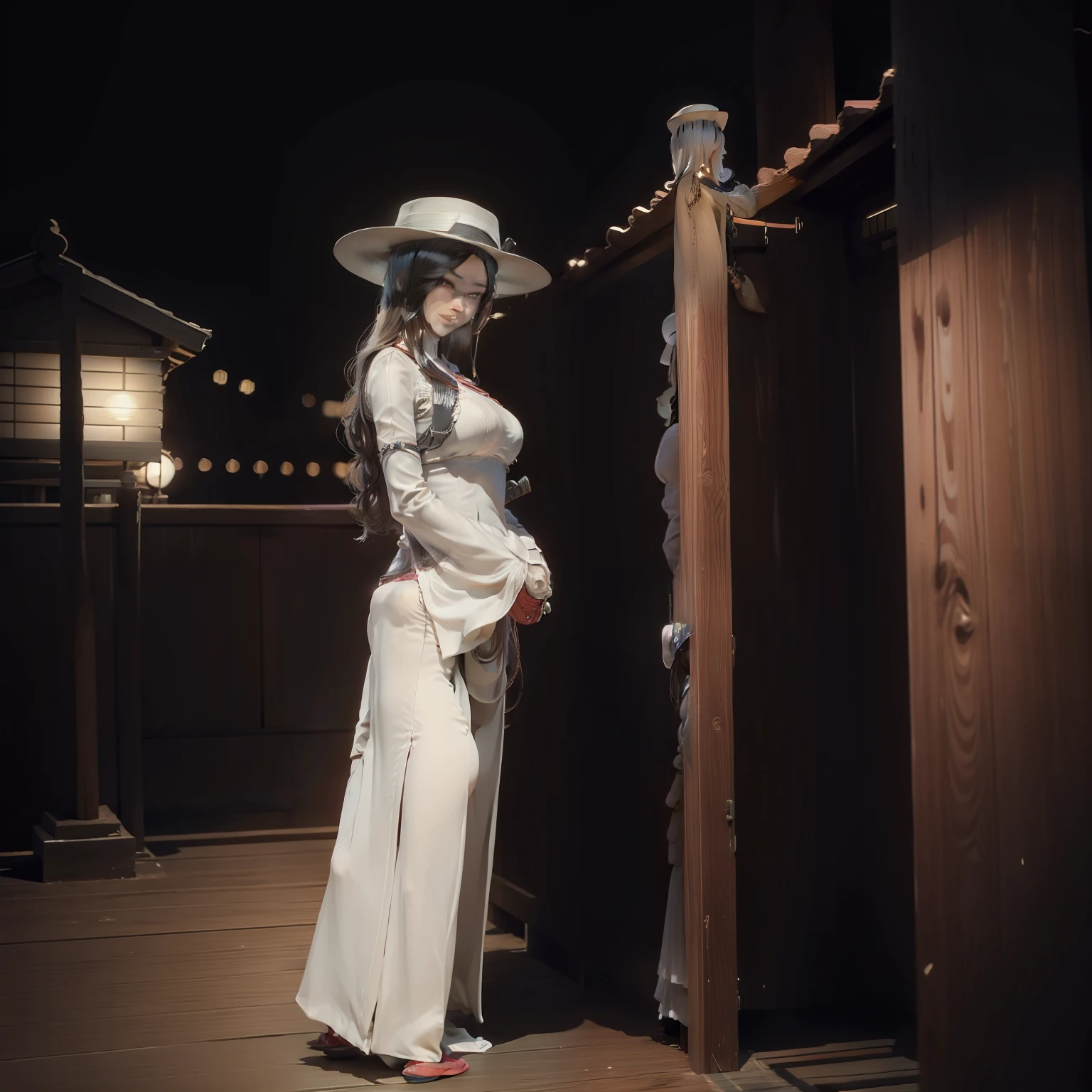 a japanese woman 8 feet tall, standing guard by a wooden fence, evil smile, long hair loose, beautiful woman, wearing a white dress, wide-brimmed hat standing in the middle of the night sky, looking very scary