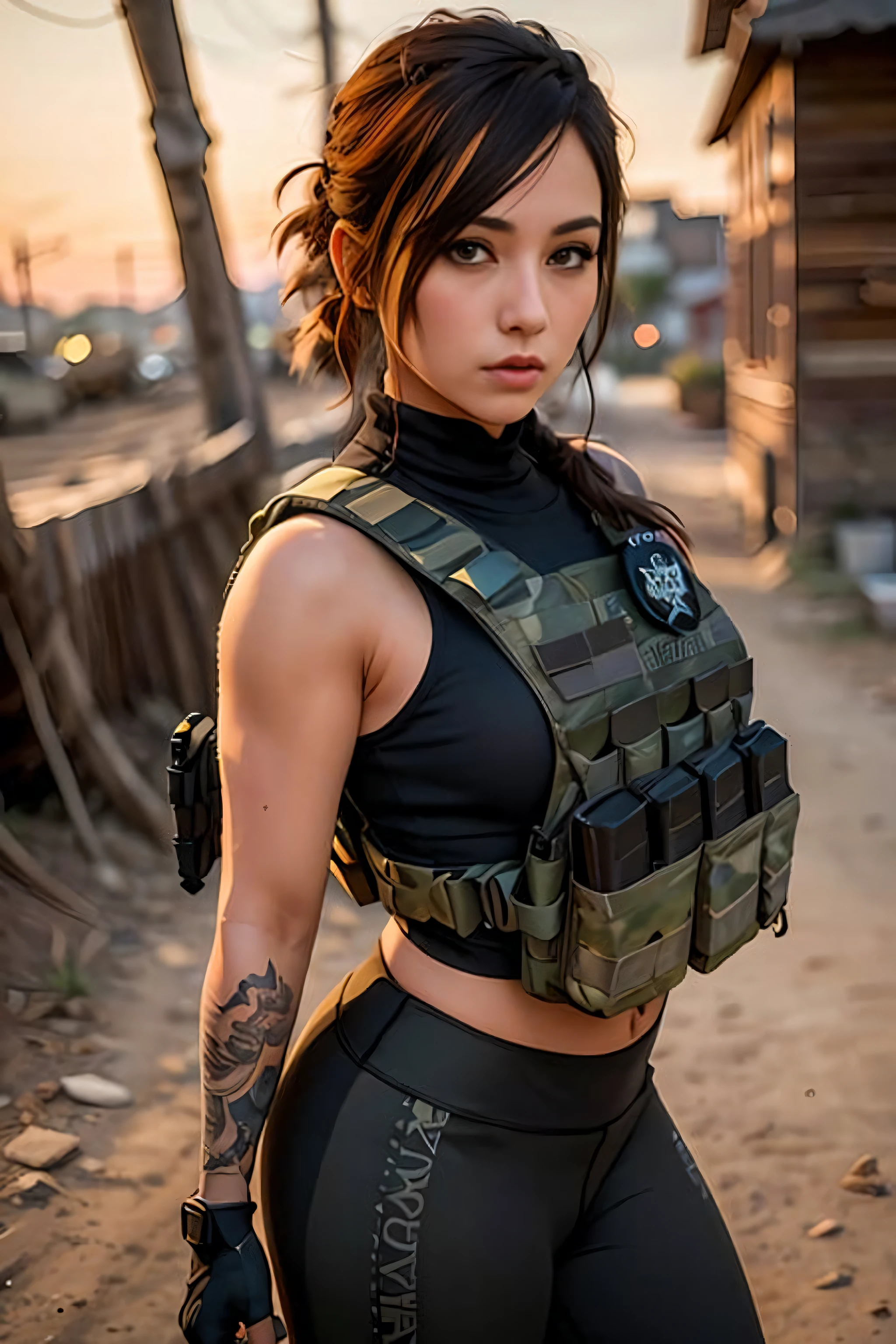 ((portrait shot)) Tacticool, a woman, (vest:1.2), (black yoga pants), military, 4k, high-res, masterpiece, best quality, (head:1.3), finely detailed skin, cleavage, GITSEllie