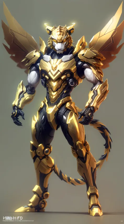 (anthropomorphism:1.5),(Full Body Shot),gold theme, Cyberpunk, In the middle, 1 gold tiger mecha(Mechanical style gold tiger head, Exquisite Helmet:1.2, glowing goggles:1.2,  muscular limbs, muscular body, Unfold wings made of gold:1.2), Standing on two le...