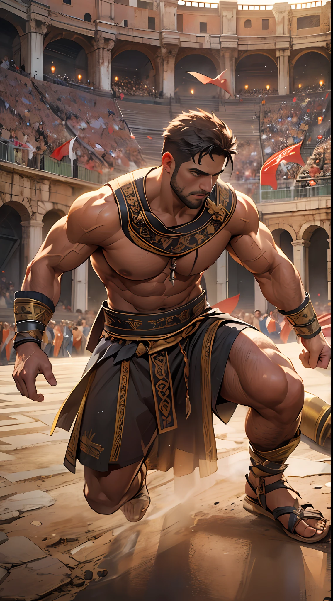 Mighty gladiator, upper torso exposed, legs unclothed from thighs to feet, flowing long curls, detailed muscular physique, lifelike depiction, 4K resolution. Background: Roman colosseum filled with cheering crowd.,32k uhd, best quality, masterpiece, super detail, high details