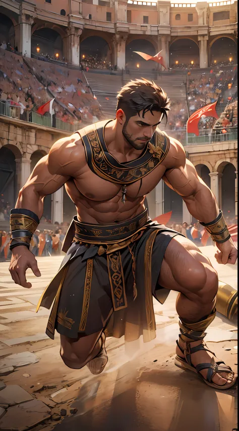 Mighty gladiator, upper torso exposed, legs unclothed from thighs to feet, flowing long curls, detailed muscular physique, lifel...