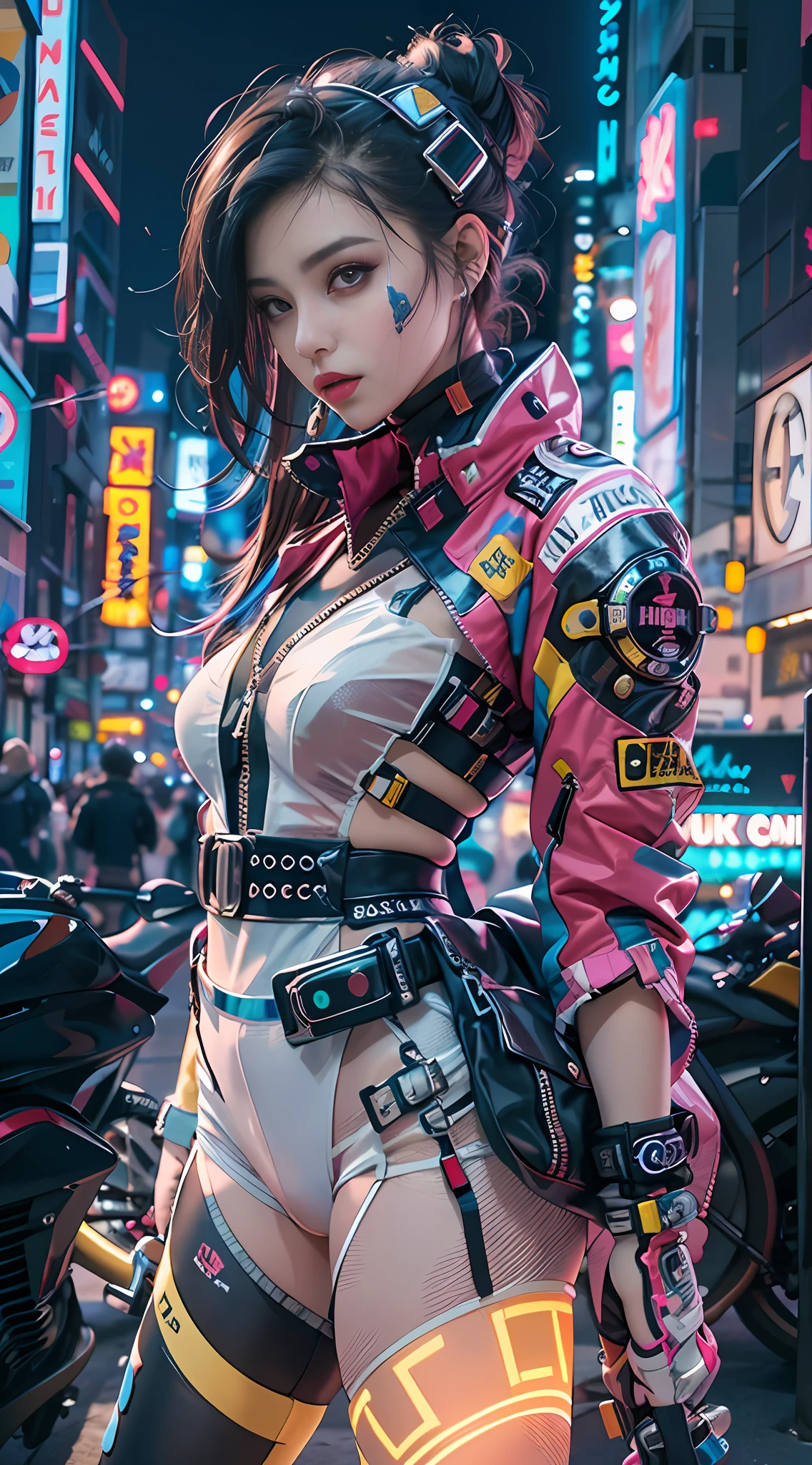 chef-d&#39;œuvre, meilleure qualité, Fille cyberpunk confiante, photo de tout le corps, ((debout devant une moto)), Tenue pop d&#39;inspiration Harajuku, Couleurs et motifs audacieux, des accessoires accrocheurs, coiffure tendance et innovante, maquillage vibrant, Paysage urbain éblouissant Cyberpunk, grattes ciels, enseignes au néon, Lumières LED, palette de couleurs vives et vives, Anime, illustration, texture de peau détaillée, Texture de tissu détaillée, beau visage détaillé, Détails complexes, ultra détaillé.