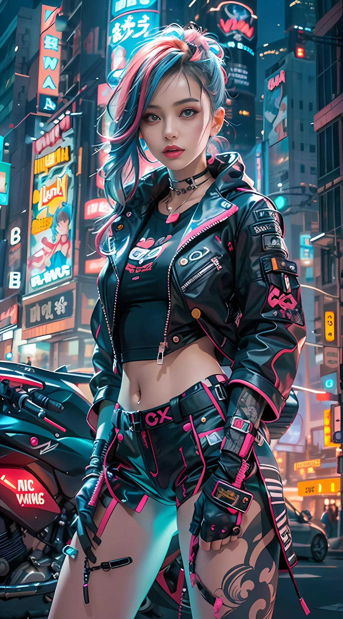 Meisterwerk, beste Qualität, Selbstbewusstes Cyberpunk-Mädchen, Ganzkörperaufnahme, ((vor dem Motorrad stehen)), Harajuku-inspiriertes Pop-Outfit, kräftige Farben und Muster, auffällige Accessoires, trendige und innovative Frisur, lebendiges Make-up, Schillerndes Cyberpunk-Stadtbild, Wolkenkratzer, Leuchtreklamen, LED Lichter, helles und lebendiges Farbschema, Anime-Serie, Illustration, detaillierte Hautstruktur, detaillierte Stoffstruktur, Schönes, detailliertes Gesicht, komplizierte Details, Extrem detailliert.