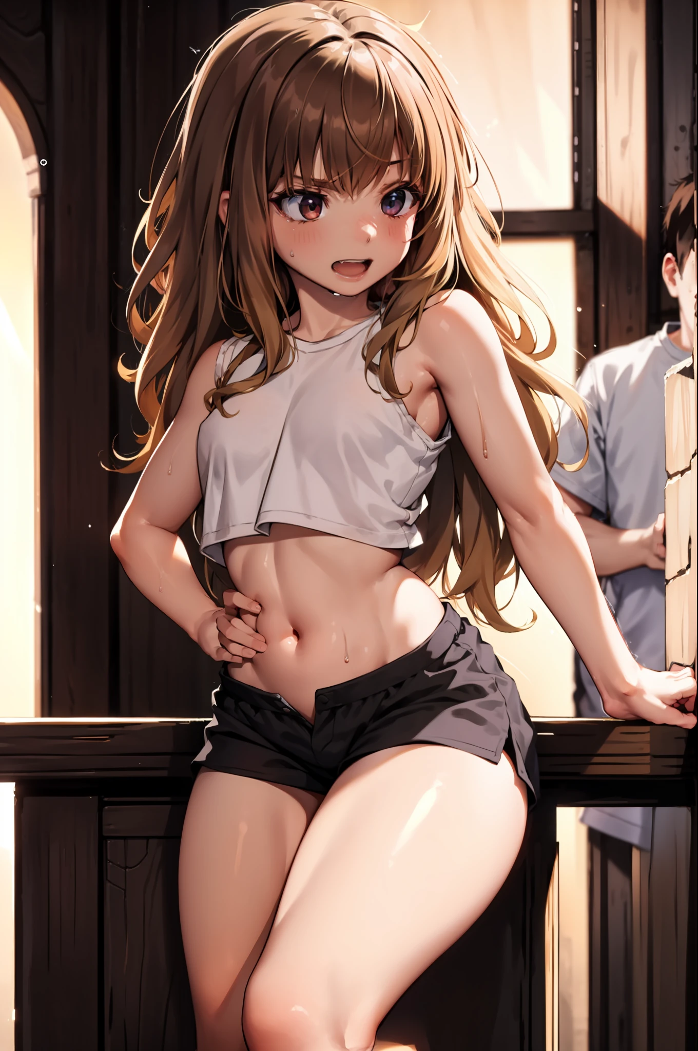 Masterpiece, hiquality, Dynamic Angle, Cowboy shot, 15 years, 1girl, child, 独奏, Hermione Granger, School White Shirt, wet shirt, bellybutton, Short shorts, Highly Detailed Beautiful Face and Eyes, Beautiful skin, Wet, blushful, Perfect anatomical smile, Hotel, Sun light, thights, wide thighs, stands, spreading legs, Athletic hips, Erotica, Sex, trembling,