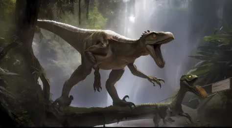 um close up de um dinossauro caminhando por uma floresta perto de uma cachoeira, velociraptor, paleoarte, arte conceitual weta workshop, carnivore dinosaur, paleoartee realista, Tiranossauro, Trex de Godzilla (2014), Tiranosaro Rex, Jurassic image, fotogra...