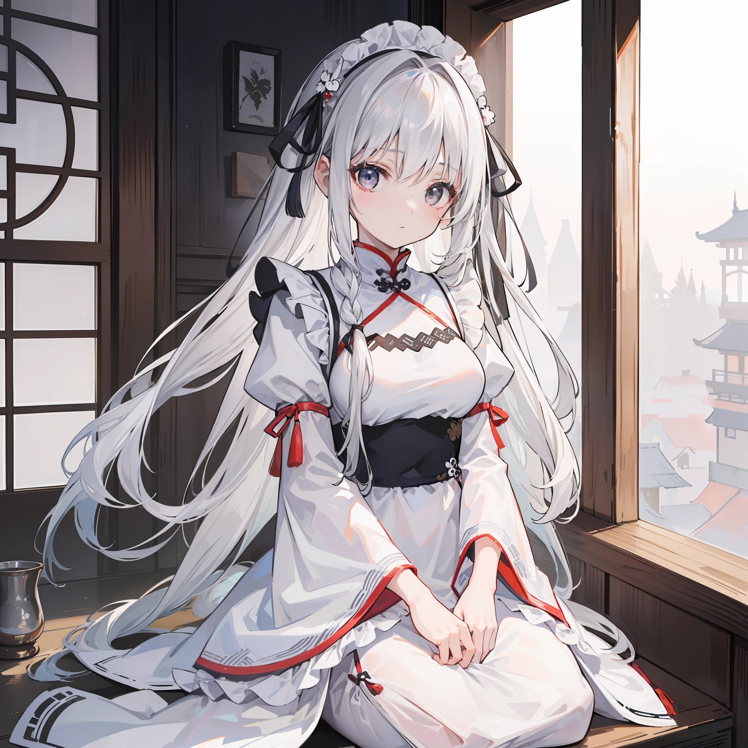 (Top image quality)、(ultra-detailliert)、(Facing the front)、top-quality、​masterpiece、(((1girl in)))、Lori、girl with、silber hair、White hair、((Longhaire))、Braids、Gray eyes、(White and black cheongsam)、((chinese clothes))、maid clothes、Ruffled hair ornaments、lots of ruffles、lots of ribbons、White ribbon、she has a cute expressive face、Fluffy and spreading hair