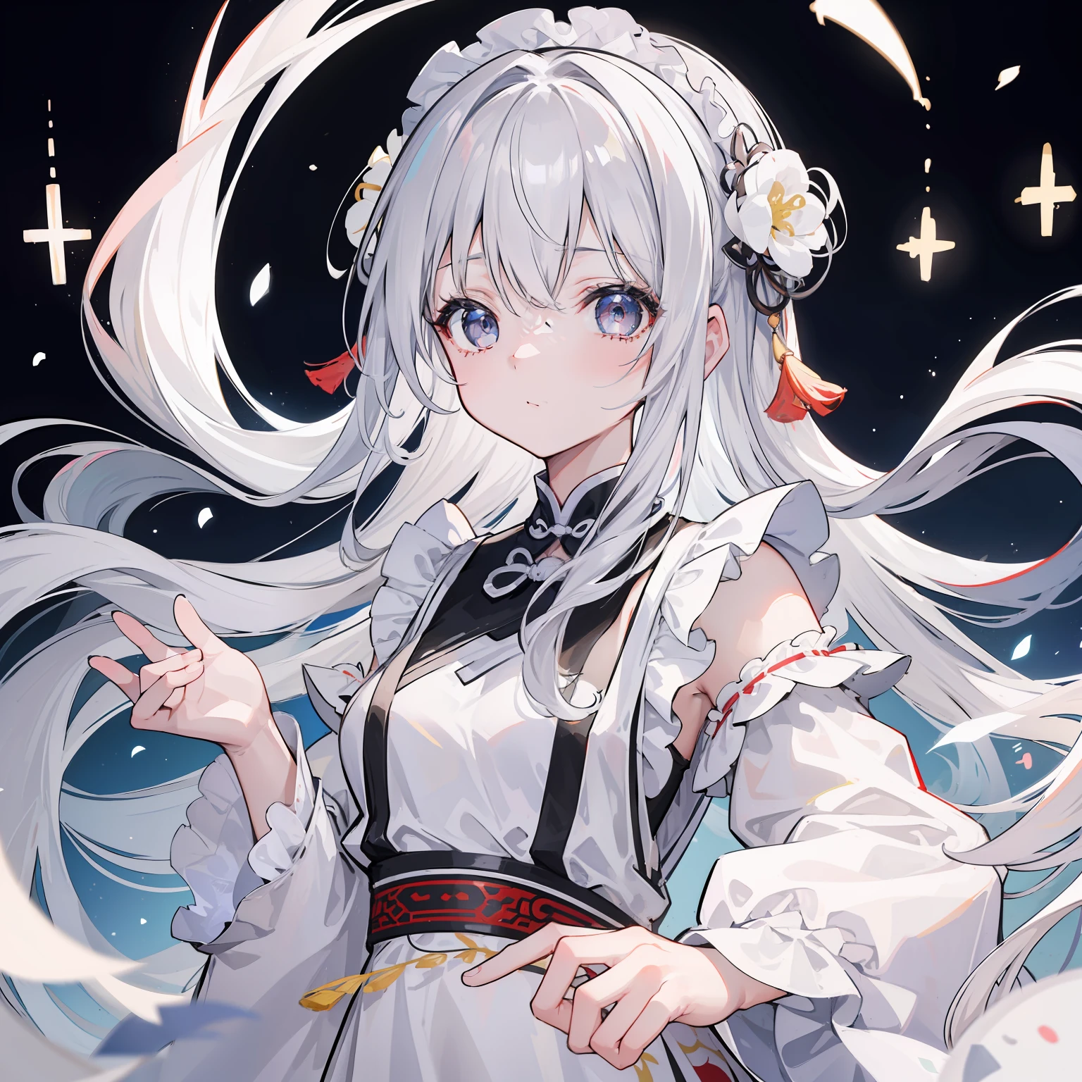 (Top image quality)、(ultra-detailliert)、(Facing the front)、top-quality、​masterpiece、(((1girl in)))、Lori、girl with、silber hair、White hair、((Longhaire))、Braids、Gray eyes、(White and black cheongsam)、((chinese clothes))、maid clothes、Ruffled hair ornaments、lots of ruffles、lots of ribbons、White ribbon、she has a cute expressive face、Fluffy and spreading hair