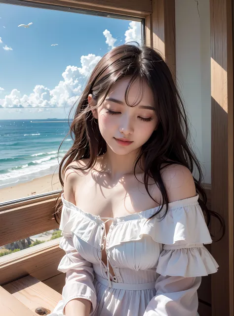 8k、top image quality、​masterpiece、夏天、25-years old、(1 adult female)、off-the-shoulder dresses、by the window、ocean view、one_eye_clo...